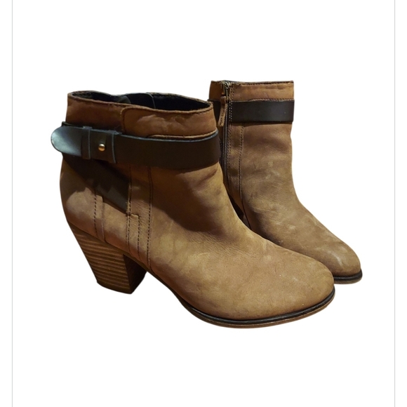 Franco Sarto Ankle Boots Booties Size 7 Beige Brown Leather Zip Buckle Dotty - Picture 1 of 10
